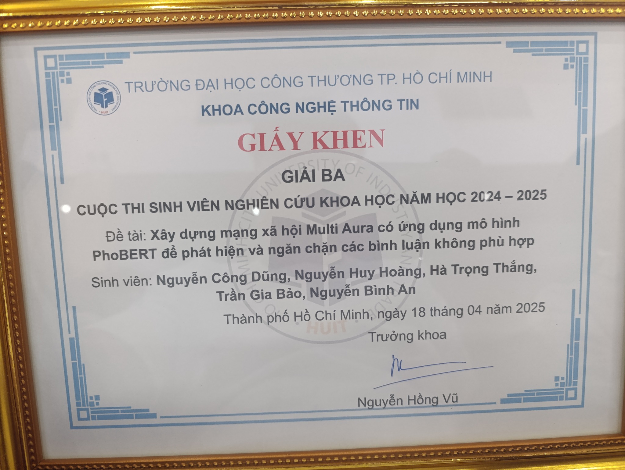 Ảnh giấy khen giải ba